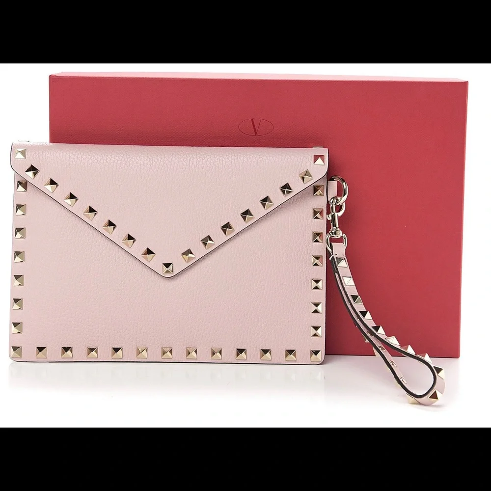 Valentino Pink Rockstud Leather Wristlet Clutch